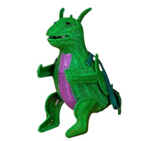 Green Rattan Dinosaur Shape Storage Basket With Teal Strap Animal Pattern Handmade <b>Wicker</b> <b>Bag</b> Portable - Product Image 3