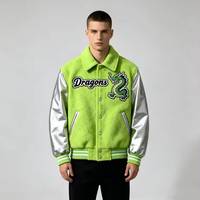 Veste Varsity Slim Verte pour Homme avec Broderie Dragon, Manches Argentées, Col Rabattu Décontracté, Fermeture Boutonnée, Idéale pour l'Automne