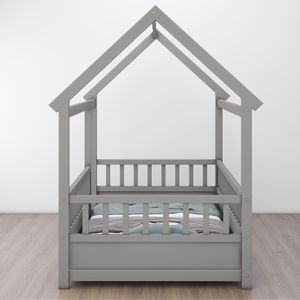 Letto in Legno per Bambini Misura Twin con Struttura a Tetto di Casa Grigio e Sponde di Sicurezza - Product Image 4