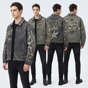 Custom Street Style Acid Wash <b>Denim</b> Jacket Vintage Graphic Print Distressed Zip Up Casual Jean <b>Coat</b> For Unisex Wear - Product Image 5