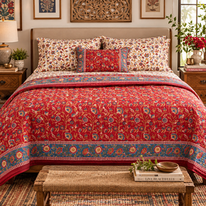 Knnotted Earth Luxurious Indian Hand Block Print Double Bed Quilt Hand Stitched Reversible Soft Cotton Fabric Colorful Durable - Product Image 1