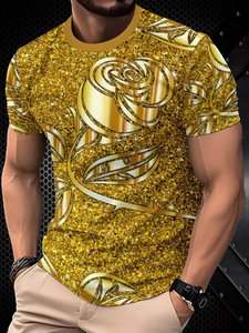 Camiseta de Manga Corta para Hombre con Estampado de Rosas Doradas Brillantes, Cuello Redondo, Corte Regular, Diseño Floral Informal, Tejido de Poliéster - Product Image 3