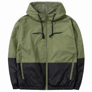 Chaqueta Cortavientos con Capucha para Hombre, Diseño Color Block Verde Oliva y Negro, Cierre de Cremallera, Informal, para Exteriores, Ligera, de Poliéster, para Primavera - Product Image 1