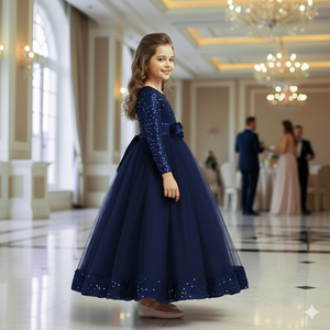 Vestido de Niña de Lujo con Lentejuelas Bordadas en Terciopelo Azul, Vestido de Princesa con Malla Suave para Bodas, Cumpleaños y Eventos - Product Image 4