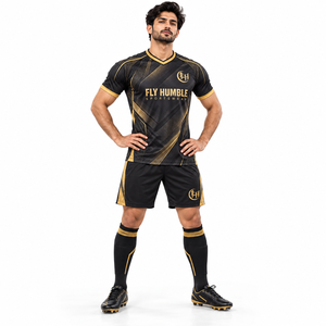 <b>Fly</b> Humble Men's Soccer Jersey Set Blue Black Geometric Print V-Neck Short Sleeve Breathable Polyester Uniform 10 Number - Product Image 3