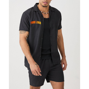 Men's Black <b>Knitted</b> Breathable Cotton Round Neck Shirt and Shorts <b>Set</b> with Front Logo Print Casual Summer Wear - Product Image 3