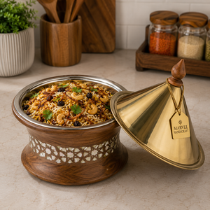 Marvel Handicraft Luxury Wooden Insulated Tagine Casserole with Gold Stainless Steel Lid Premium Hot <b>Food</b> <b>Server</b> Gift Serveware - Product Image 3