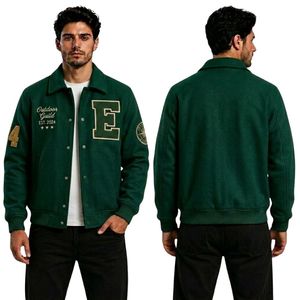 Veste de baseball en laine épaisse vert olive avec bordure en tricot côtelé et fermeture à boutons-pression pour homme - Product Image 2