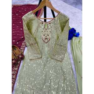 Vestidos de Noche de Diseñador de Moda Bhojal, Elegantes para Fiestas, Top y Falda con Dupatta en Color Pista con Intrincados Bordados - Product Image 4