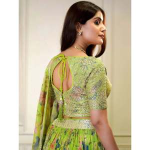 Neon Green Printed Organza Plus Size Bridesmaid Lehenga Choli with <b>Feather</b> Detail - Product Image 2