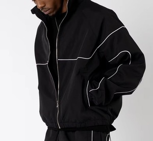 Men's Black <b>Stand</b> Collar Zipper Jacket Solid Color Sporty Style Autumn Wear Polyester Fabric Breathable Design - Product Image 1