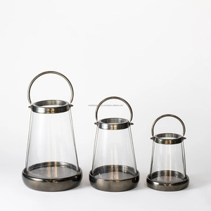 Set of 3 Modern Slim <b>Black</b> & Gold Glass <b>Lanterns</b>, Metal <b>Candle</b> Holders <b>Lantern</b> for Home Decoration - Product Image 2