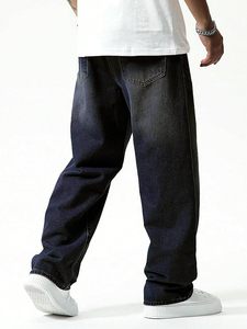 Jean décontracté pour homme en denim délavé foncé, coupe ample et large, taille mi-haute, 100 % coton écologique - Product Image 2