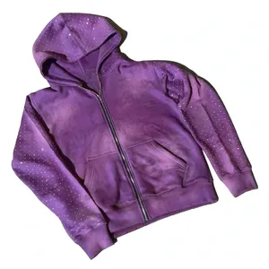 Sudadera con capucha azul lavado para hombre, con cremallera completa, mangas con tachuelas, bolsillos delanteros, estilo casual urbano, chaqueta con cremallera. - Product Image 1