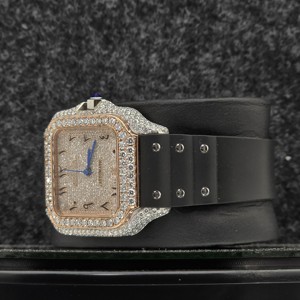 Luxury Mechanical Stainless Steel Moissanite Round Cut Half <b>Iced</b> <b>Out</b> <b>Watch</b> with Black Leather Strap Classic Date Roman Features - Product Image 3