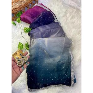 FANTAISIE SOIE IMPRESSION NUMÉRIQUE ZARKAN KHATLI AVEC SIROSKI TRAVAIL SAREE AVEC CHEMISIER NON COUDU MULTI - Product Image 1