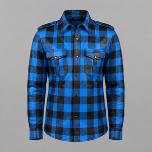 Camisa de Cuero de Cordero con Estampado a Cuadros Azul y Negro para Hombre, Manga Larga y Corta, Estilo Lumberjack con Botones a Presión - Product Image 2