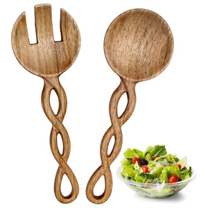 Solid Hardwood Salad <b>Server</b> with Spoon Fork Set Includes Bowl Commercial <b>Buffet</b> Food Serving Set Made From Buffalo Horn Wood - Product Image 1