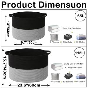 65L <b>Large</b> Woven Cotton Rope Nursery <b>Basket</b>, Laundry <b>Basket</b> ,Hamper with Handles,Blanket <b>Basket</b> <b>Storage</b> Bin for Toys - Product Image 4