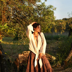 Boho Wrap <b>Top</b> Rustic Cotton Tie Front Blouse With Flared Sleeves <b>Festival</b> Outfit Bohemian Clothing For Women - Product Image 3