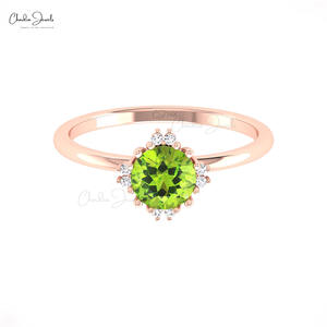 Bague en pierre précieuse péridot de qualité supérieure, 1,1 mm, taille brillant, halo de diamants blancs G-H, bijoux de mariage et de fiançailles pour femmes - Product Image 1