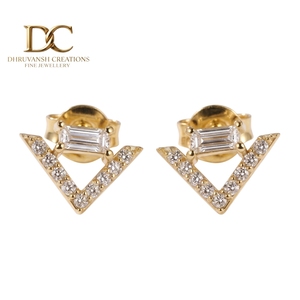 Elegantes Pendientes de Oro Amarillo Sólido de 14 Quilates con Certificación IGI, Diamantes Cultivados en Laboratorio, Corte Baguette y Redondo, Forma de V, para Mujer - Product Image 1