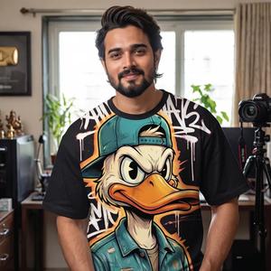 T-shirt pour homme style vintage streetwear avec imprimé de canard de dessin animé, manches courtes, col rond, impression DTF, coupe ample, 100% coton, noir et turquoise - Product Image 2