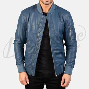 Blouson aviateur en cuir véritable bleu acier pour homme, coupe ajustée, style MA-1, avec poche utilitaire sur la manche et bordure côtelée - Product Image 6