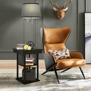 Lampada da Terra con Porte USB per Ricarica e Ripiani, per Comodino e Scrivania, Illuminazione Decorativa da Interni, Luce Calda, Paralume in Metallo e Tessuto Bianco e Nero - Product Image 1