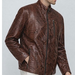 Veste moto en cuir véritable pour homme, motif python embossé, col rabattu, fermeture éclair, coupe classique, style automne - Product Image 2