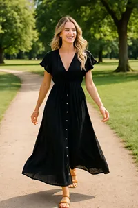 Vestido Largo Bohemio Negro para Mujer, de Algodón y Lino, Cuello en V, Manga Corta con Volantes, Cintura Ajustable con Cordón, Botones, Corte Holgado - Product Image 4