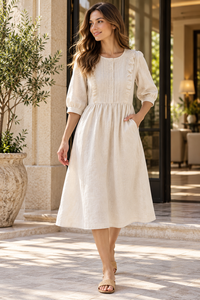 Vestido Vintage para Mujer con Volantes, Botones, Cintura Alta, Manga Abullonada, Cuello en V, Tejido de Algodón, Silueta en A, Transpirable, Casual, Verano, Ocio - Product Image 4