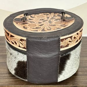 OEM ODM Round Shape Genuine Cowhide Jewelry Case Floral Hand <b>Tooled</b> <b>Leather</b> Makeup Organizer Travel Vanity Case Gift Storage Box - Product Image 5