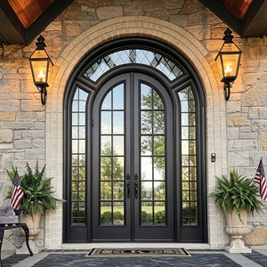 Puerta Francesa de Entrada Arqueada Europea con Paneles de Vidrio, Puerta Principal de Madera de Estilo Abatible para Exteriores GA-36G - Product Image 1