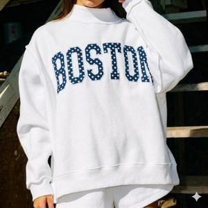 Sudadera Oversize Rosa de Cuello Alto para Mujer con Estampado de Letras Boston, Manga Larga, Tejido de Algodón, Ropa Casual de Otoño - Product Image 5