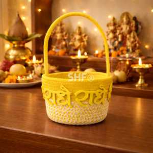 Panier artisanal traditionnel en bambou écologique fait main, couleur turquoise, bordure dorée, motif Jay Shri Ram, thème religieux, réutilisable - Product Image 6