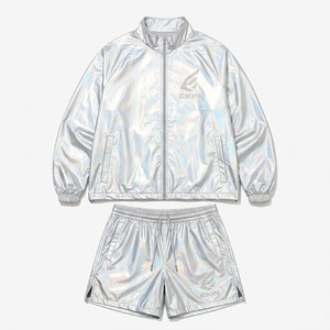 Custom Logo Metallic <b>Silver</b> Reflective Waterproof Casual 2 Piece Tracksuit Windbreaker <b>Jacket</b> Shorts Set for Men Women Wholesale - Product Image 3