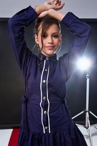 Girls <b>Navy</b> Blue Ruffle Hem Shirt <b>Dress</b> with Contrast Piping - Product Image 6