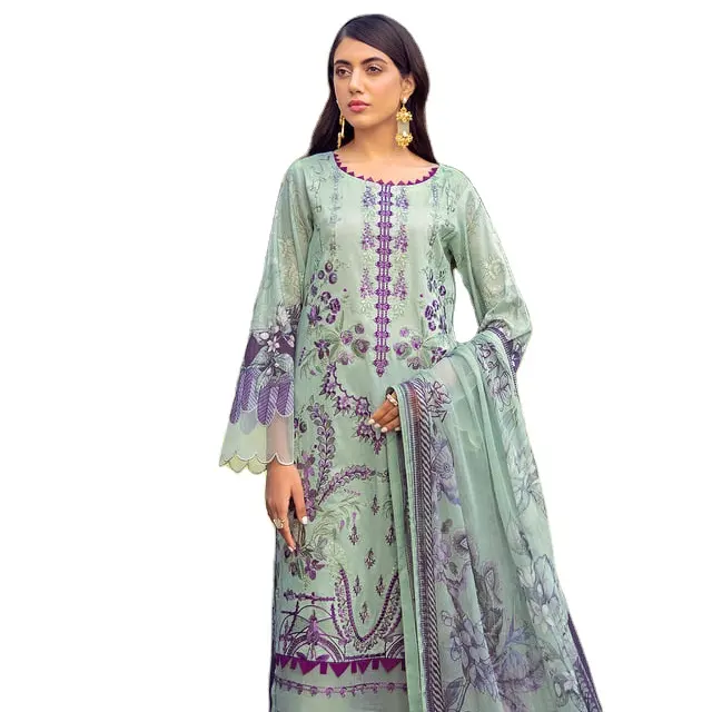 Desainer Mode Menyesuaikan 3 Potong Bordir Rumput Baju Tradisional Modis Pakistan & India Kain Berkualitas Lembut