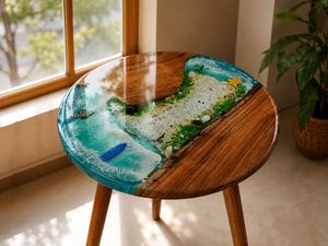 Mesa de Comedor/Mesa de Centro Redonda Personalizada al por Mayor con Tapa de Madera y Resina Epoxi - Product Image 1