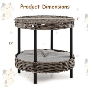 Cuccia per Gatti a 2 Livelli in Rattan, Finitura Grigia, 15"x15", Cuscino Imbottito Lavabile, Capacità 30 kg, Gambe in Metallo - Product Image 4