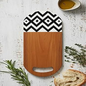 Walnut Chopping <b>Board</b> Smooth Oval Profile Strikingly Accented By A <b>Black</b> And White Geometric Base Pattern For Cutting Vegies - Product Image 5