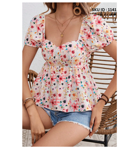 Chemisier à manches courtes pour femme, imprimé floral uni, doux, léger, respirant, en polycoton, confortable, haut d'été pour les sorties décontractées - Product Image 1