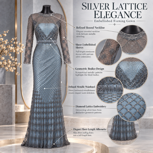 Vestido de noche azul grisáceo estilo sirena para mujer con bordado de diamantes plateados en forma de entramado. |   Vestido Formal Largo Hasta el Suelo con Mangas Largas para Eventos - Product Image 5