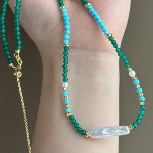 Collier luxueux haut de gamme en agate verte naturelle, perles baroques d'eau douce et perles argentées pour la mode estivale féminine, colliers superposés - Product Image 4