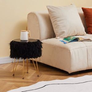 Round Furry Vanity <b>Stool</b> with Marble Tray Compact Soft Makeup Seat Faux Fur <b>Storage</b> Ottoman 4 Metal Legs - Product Image 2