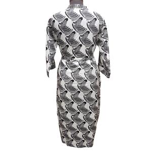 Robe de nuit pour femme 100% coton, longueur intégrale, manches trois quarts, col en V, imprimé zèbre, robe décontractée, fermeture à ceinture, respirante - Product Image 6
