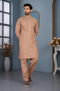 Mens Designer Beige Kurta Pajama <b>Set</b> Linear Thread Embroidery Ethnic Wear Indian Pakistani Party Outfit Wholesale Supplier - Product Image 1