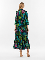 Robe longue décontractée bohème en coton 100% à motif floral abstrait, manches évasées, taille naturelle, ourlet plissé, boutonnée sur le devant, col mandarin