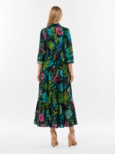 Robe longue décontractée bohème en coton 100% à motif floral abstrait, manches évasées, taille naturelle, ourlet plissé, boutonnée sur le devant, col mandarin - Product Image 5